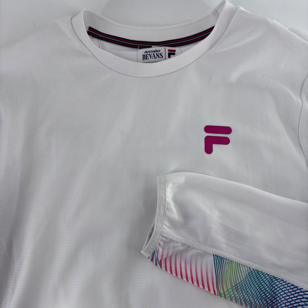 Christopher Bevans FILA Long Sleeve Top Womens Medium White Packable Hood Active